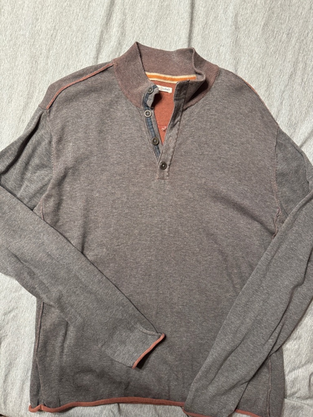 Men's Zip-Up Mock Neck Sweater in Heather Gray with Rust Trim